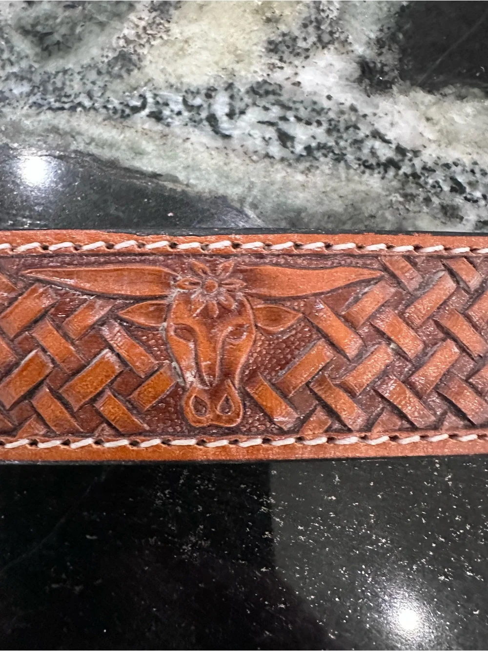 Tooled Brown Belt with Engraved Silver Buckle